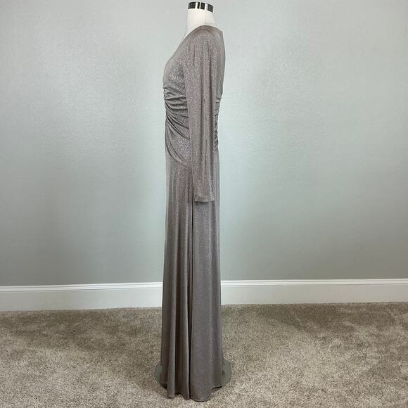 Eliza J Gold Metallic Long Sleeve Evening Gown Size 10 Ruched Thigh Slit Formal - Picture 6 of 14
